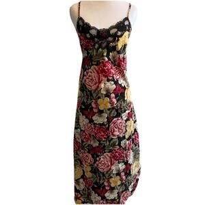 VTG Floral Nightie Chemise Lingerie Rose Lace Slip Dress Maxi Sexy USA 80s M